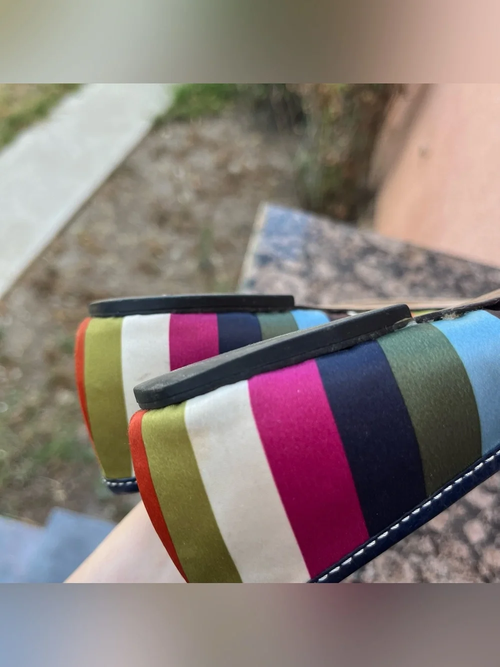 Vintage Y2K Coach Legacy Striped Satin Ballet Flats with a Small Bow Detail.